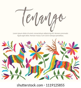 Colorful Mexican Traditional Textile Embroidery Style from Tenango, Hidalgo; México – Copy Space Floral Composition with Forest Animals