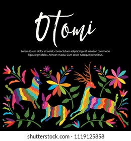 Colorful Mexican Traditional Textile Embroidery Style from Otomi Culture – Copy Space Floral Composition with Forest Animals