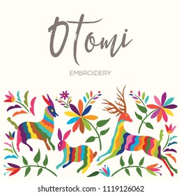 Colorful Mexican Traditional Textile Embroidery Style from Otomi Culture – Copy Space Floral Composition with Forest Animals