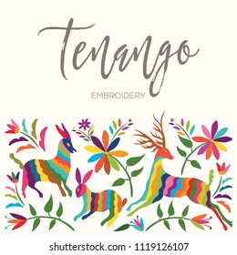 Colorful Mexican Traditional Textile Embroidery Style from Tenango, Hidalgo; México – Copy Space Floral Composition with Forest Animals