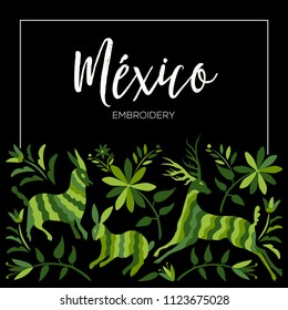 Colorful Mexican Traditional Textile Embroidery Style from Tenango, Hidalgo; México – Copy Space Floral Composition with Forest Animals