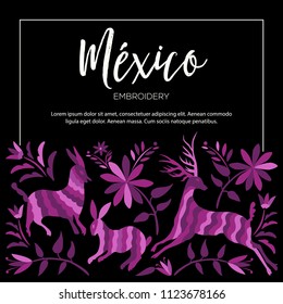Colorful Mexican Traditional Textile Embroidery Style from Tenango, Hidalgo; México – Copy Space Floral Composition with Forest Animals