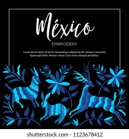 Colorful Mexican Traditional Textile Embroidery Style from Tenango, Hidalgo; México – Copy Space Floral Composition with Forest Animals