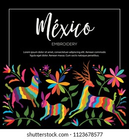 Colorful Mexican Traditional Textile Embroidery Style from Tenango, Hidalgo; México – Copy Space Floral Composition with Forest Animals