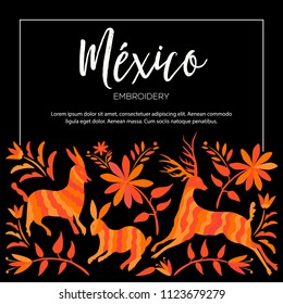 Colorful Mexican Traditional Textile Embroidery Style from Tenango, Hidalgo; México – Copy Space Floral Composition with Forest Animals