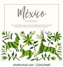 Colorful Mexican Traditional Textile Embroidery Style from Tenango, Hidalgo; México – Copy Space Floral Composition with Forest Animals