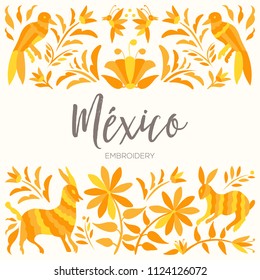 Colorful Mexican Traditional Textile Embroidery Style from Tenango, Hidalgo; México – Copy Space Floral Composition with Forest Animals
