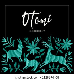 Colorful Mexican Traditional Textile Embroidery Style from Tenango, Hidalgo; México – Copy Space Floral Composition with Forest Animals