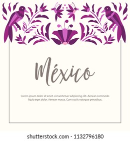 Colorful Mexican Traditional Textile Embroidery Style from Tenango, Hidalgo; México – Copy Space Floral Composition with Birds