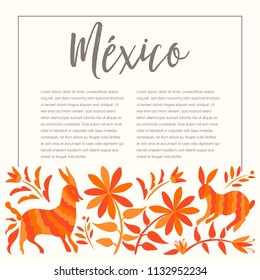 Colorful Mexican Traditional Textile Embroidery Style from Tenango, Hidalgo; México – Copy Space Floral Composition with Forest Animals