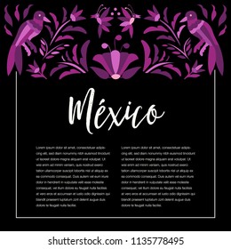 Colorful Mexican Traditional Textile Embroidery Style from Tenango, Hidalgo; México – Copy Space Floral Composition with birds