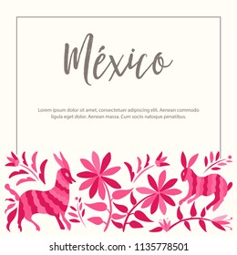 Colorful Mexican Traditional Textile Embroidery Style from Tenango, Hidalgo; México – Copy Space Floral Composition with Forest Animals