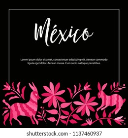 Colorful Mexican Traditional Textile Embroidery Style from Tenango, Hidalgo; México – Copy Space Floral Composition with Forest Animals