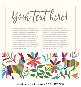 Colorful Mexican Traditional Textile Embroidery Style from Tenango, Hidalgo; México – Copy Space Floral Composition with Forest Animals