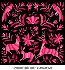 Colorful Mexican Traditional Textile Embroidery Style from Tenango, Hidalgo; México – Floral Composition with Forest Animals