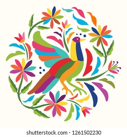 Colorful Mexican Traditional Textile Embroidery Style from Tenango, Hidalgo; México - Circular composition