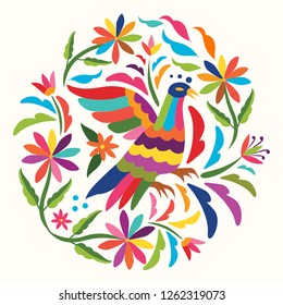 Colorful Mexican Traditional Textile Embroidery Style from Tenango, Hidalgo; México - Circular composition
