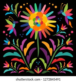 Colorful Mexican Traditional Textile Embroidery Style from Otomí Culture - Floral Composition - Vector