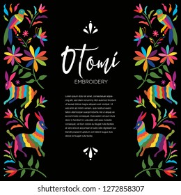 Colorful Mexican Traditional Textile Embroidery Style from Otomi Culture – Copy Space Floral Composition with Forest Animals - Vector