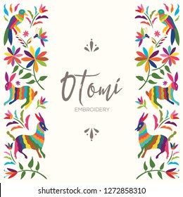 Colorful Mexican Traditional Textile Embroidery Style from Otomi Culture – Copy Space Floral Composition with Forest Animals - Vector