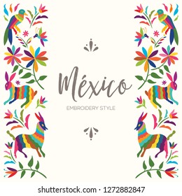 Colorful Mexican Traditional Textile Embroidery Style from Otomi Culture – Copy Space Floral Composition with Forest Animals - Vector