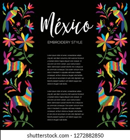 Colorful Mexican Traditional Textile Embroidery Style from Otomi Culture – Copy Space Floral Composition with Forest Animals - Vector