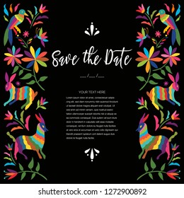 Colorful Mexican Traditional Textile Embroidery Style from Otomi Culture – Save the Date Floral Composition - Copy Space