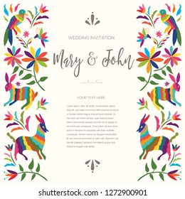 Colorful Mexican Traditional Textile Embroidery Style from Otomi Culture – Wedding Floral Composition - Copy Space