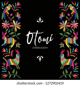 Colorful Mexican Traditional Textile Embroidery Style from Otomi Culture – Copy Space Floral Composition with Forest Animals - Vector