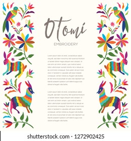 Colorful Mexican Traditional Textile Embroidery Style from Otomi Culture – Copy Space Floral Composition with Forest Animals - Vector