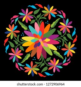 Colorful Mexican Traditional Textile Embroidery Style from Otomi Culture –  Floral Composition - Vector