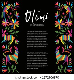 Colorful Mexican Traditional Textile Embroidery Style from Otomi Culture – Copy Space Floral Composition with Forest Animals - Vector