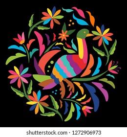 Colorful Mexican Traditional Textile Embroidery Style from Otomí Culture – Floral Composition with Forest Animals - Vector