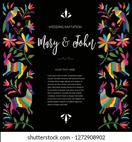 Colorful Mexican Traditional Textile Embroidery Style from Otomi Culture – Wedding Floral Composition - Copy Space