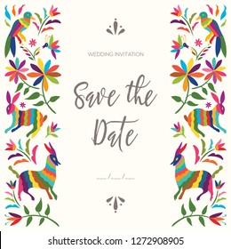 Colorful Mexican Traditional Textile Embroidery Style from Otomi Culture – Save the Date Floral Composition - Copy Space