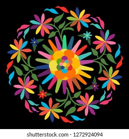 Colorful Mexican Traditional Textile Embroidery Style from Otomí Culture – Floral Composition - Vector