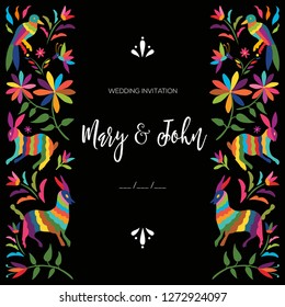 Colorful Mexican Traditional Textile Embroidery Style from Otomi Culture – Wedding Floral Composition - Copy Space