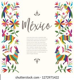 Colorful Mexican Traditional Textile Embroidery Style from Otomi Culture – Copy Space Floral Composition with Forest Animals - Vector