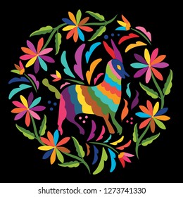 Colorful Mexican Traditional Textile Embroidery Style from Otomi Culture – Copy Space Floral Composition - Vector