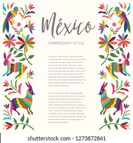 Colorful Mexican Traditional Textile Embroidery Style from Otomi Culture – Copy Space Floral Composition with Forest Animals - Vector