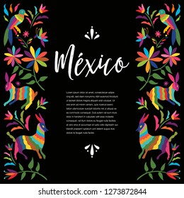 Colorful Mexican Traditional Textile Embroidery Style from Otomi Culture – Copy Space Floral Composition with Forest Animals - Vector