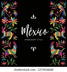 Colorful Mexican Traditional Textile Embroidery Style from Otomi Culture – Copy Space Floral Composition with Forest Animals - Vector