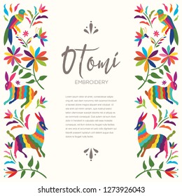 Colorful Mexican Traditional Textile Embroidery Style from Otomi Culture – Copy Space Floral Composition with Forest Animals - Vector