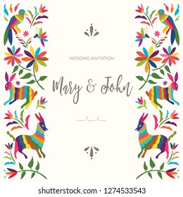 Colorful Mexican Traditional Textile Embroidery Style from Otomi Culture – Wedding Floral Composition - Copy Space