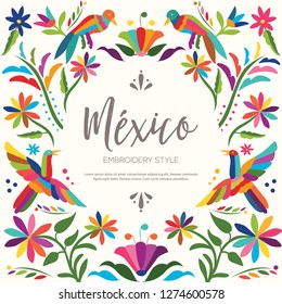 Colorful Mexican Traditional Textile Embroidery Style from Otomí Culture – Copy Space Floral Composition with Birds - Vector