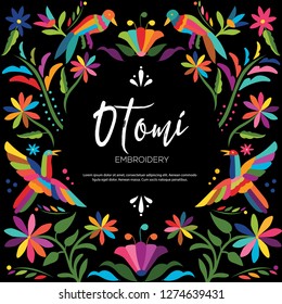 Colorful Mexican Traditional Textile Embroidery Style from Otomí Culture – Copy Space Floral Composition with Birds - Vector