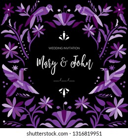 Colorful Mexican Traditional Textile Embroidery Style from Tenango, Hidalgo; México – Copy Space Floral Wedding Invitation