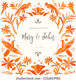 Colorful Mexican Traditional Textile Embroidery Style from Tenango, Hidalgo; México – Copy Space Floral Wedding Invitation