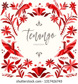 Colorful Mexican Traditional Textile Embroidery Style from Tenango, Hidalgo; México – Copy Space Floral Composition