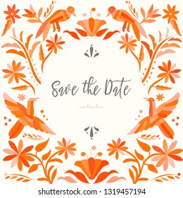 Colorful Mexican Traditional Textile Embroidery Style from Tenango, Hidalgo; México – Copy Space Floral Save The Date Card